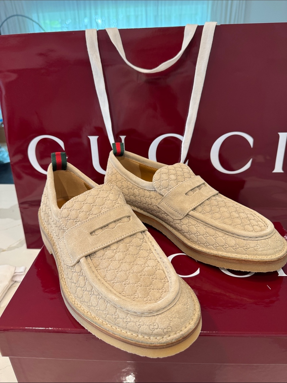 Gucci MEN Beige Suede Micro GG Monogram Penny Loafers  Oatmeal EUR 9.5 US 10.5 - Picture 14 of 16